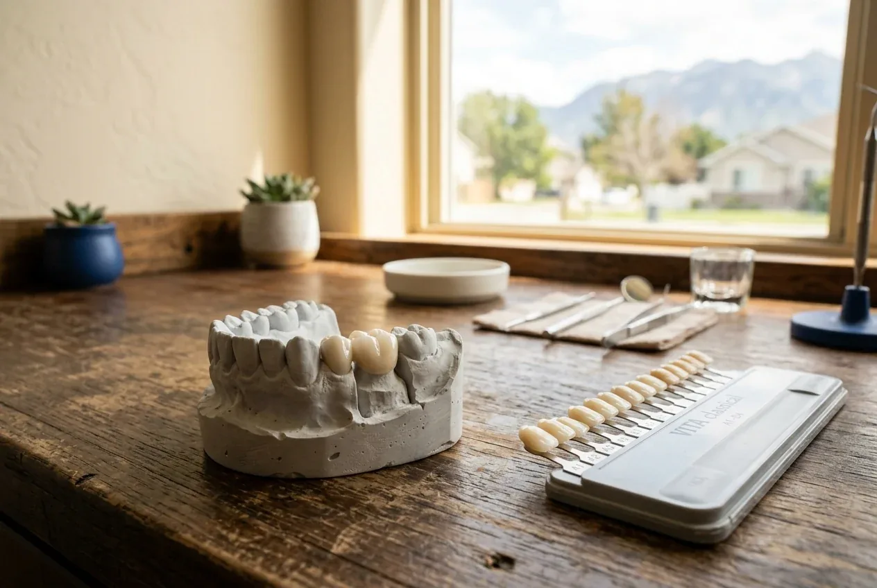 Plaster dental model with a crown beside a VITA classical tooth shade guide on a wooden table.