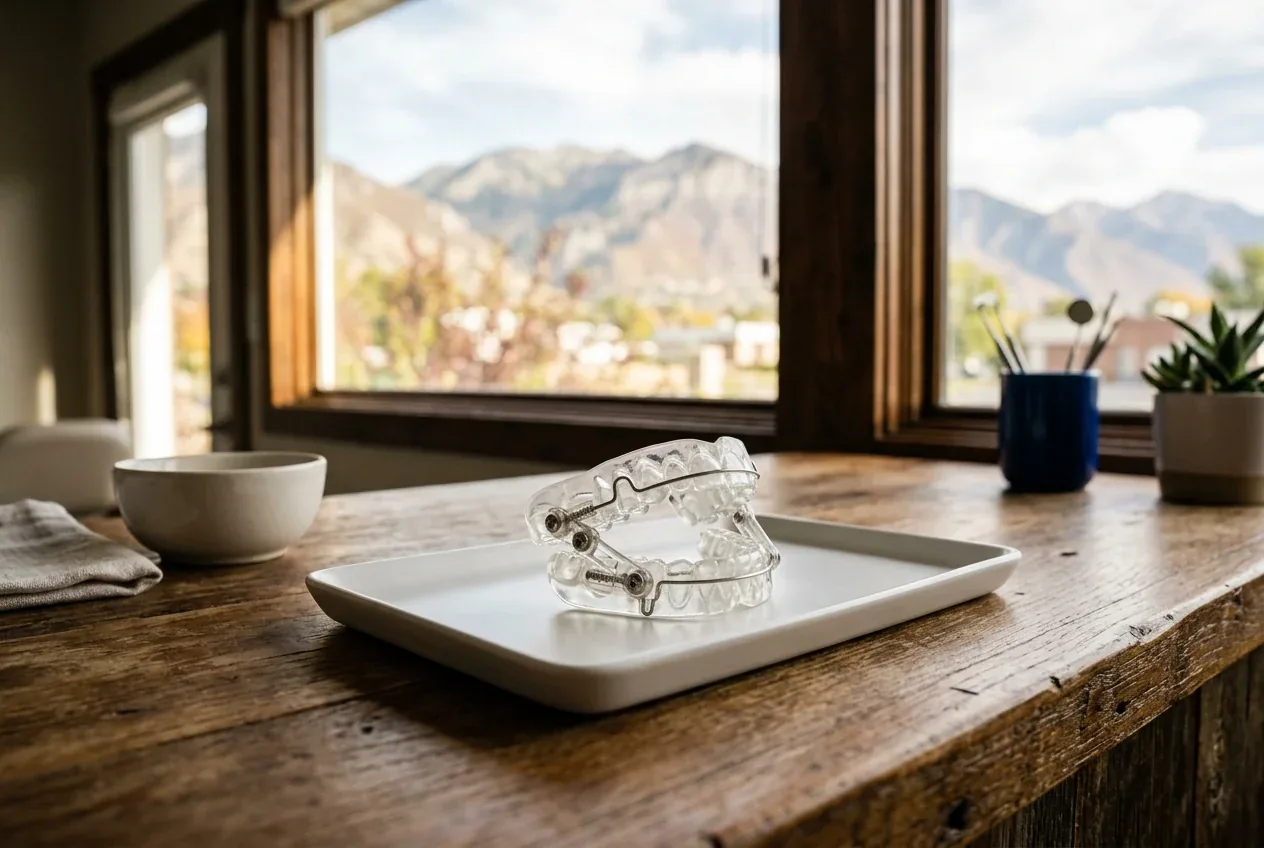 Clear sleep apnea oral appliance on a white tray resting on a wooden table in front of a window.