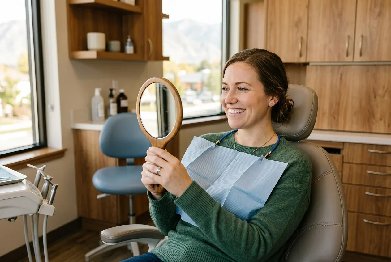 A smiling patient holding a hand mirror while sitting in a dental chair.